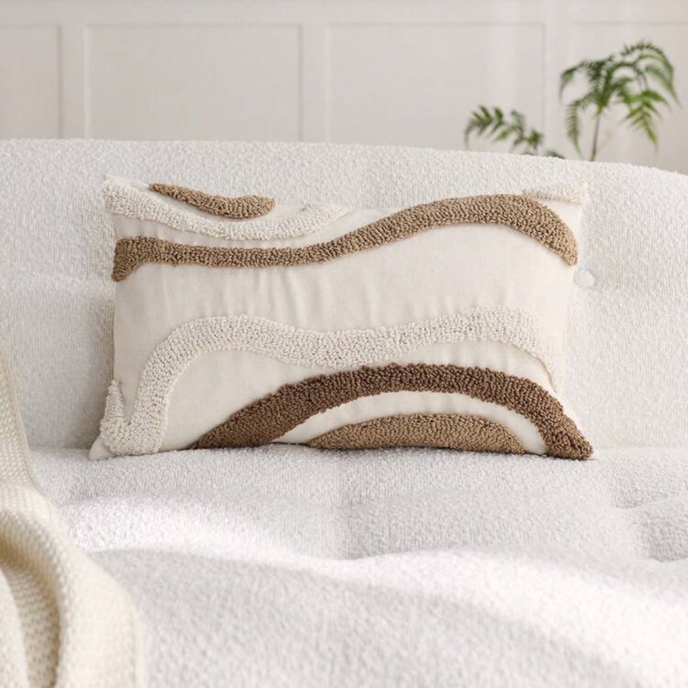 Boho Embroidered Throw Pillow Cover, Cream and Brown, 12”x20”